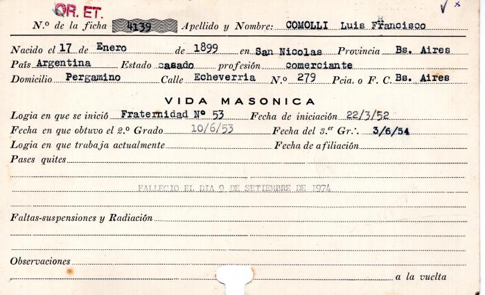 Ficha de miembro de Luis Francisco Comolli.