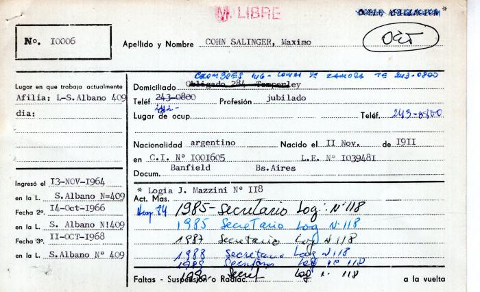 Ficha de miembro de Máximo Cohn Salinger.