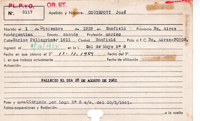 Ficha de miembro de José Codispoti.