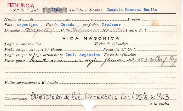 Ficha de miembro de Benito Cometta Manzoni.