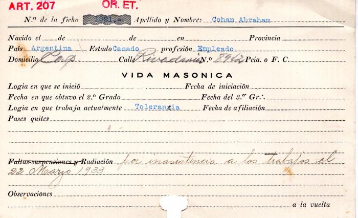 Ficha de miembro de Abraham Cohan.