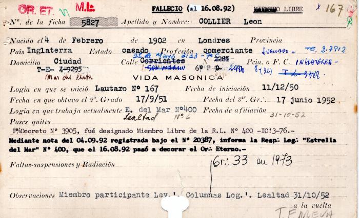 Ficha de miembro de León Collier.