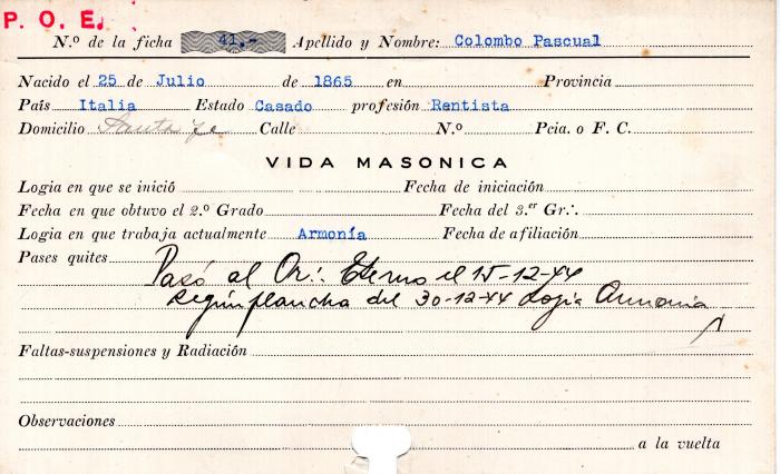 Ficha de miembro de Pascual Colombo.