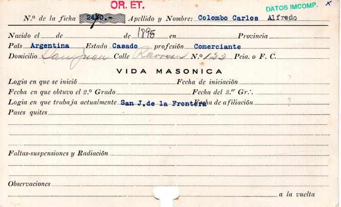 Ficha de miembro de Carlos Alfredo Colombo.