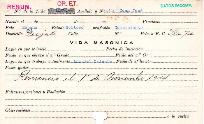 Ficha de miembro de José Coca.