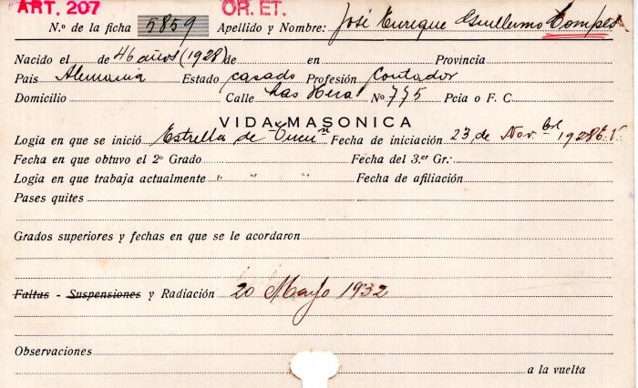 Ficha de miembro de José Enrique Guillermo Compes.