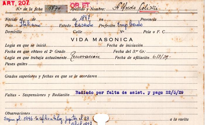 Ficha de miembro de Alfredo Colizzi.