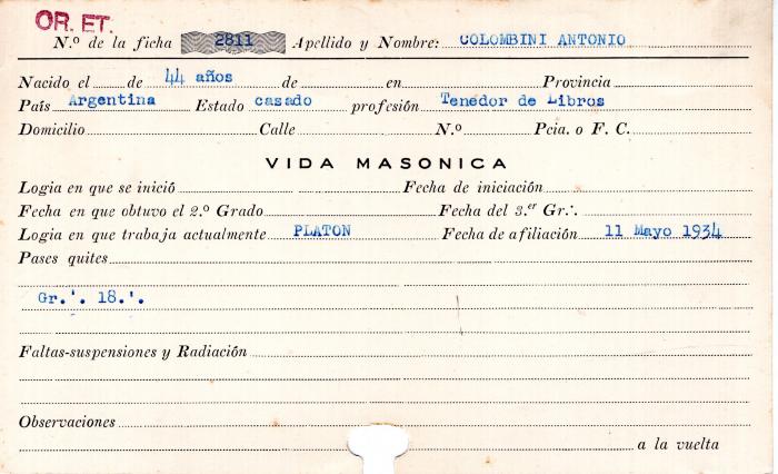 Ficha de miembro de Antonio Colombini.