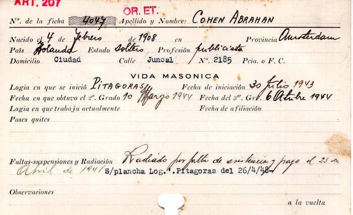 Ficha de miembro de Abraham Cohen.