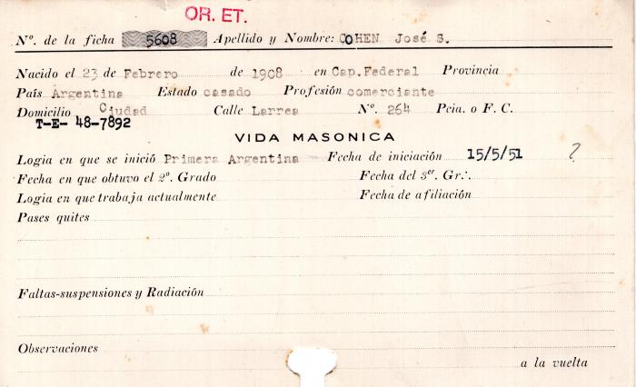 Ficha de miembro de José S. Cohen.