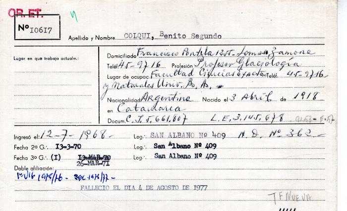 Ficha de miembro de Benito Segundo Colqui.