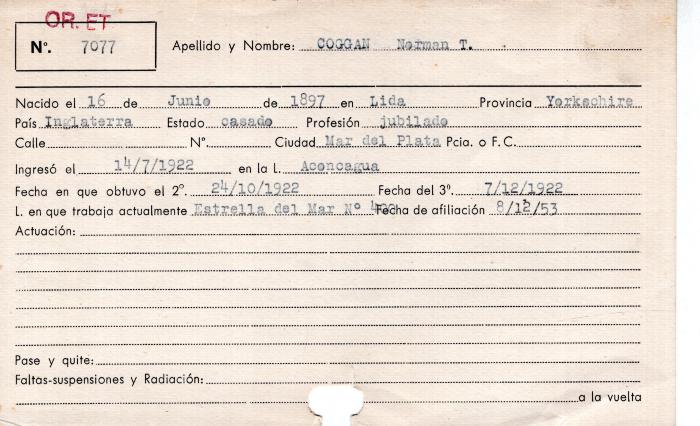 Ficha de miembro de Norman T. Coggan.