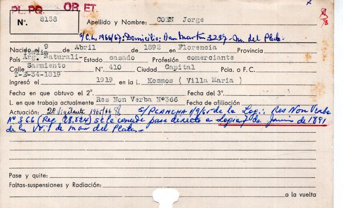 Ficha de miembro de Jorge Coen.