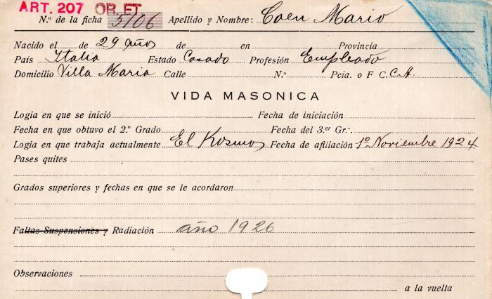 Ficha de miembro de Mario Coen.