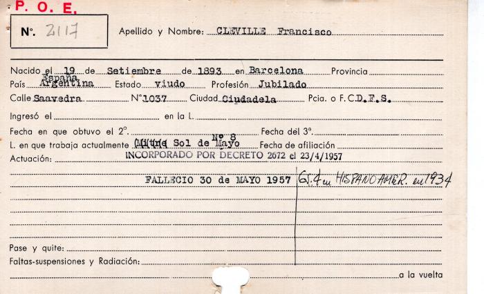 Ficha de miembro de Francisco Cleville.