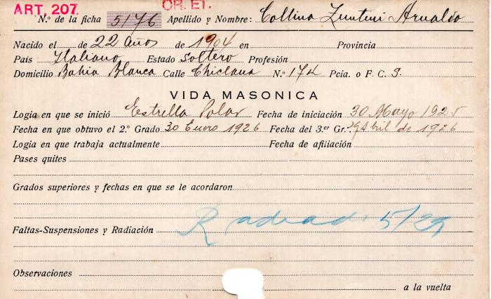 Ficha de miembro de Arnaldo Collina Zuntini.