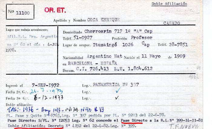 Ficha de miembro de Enrique Coca.