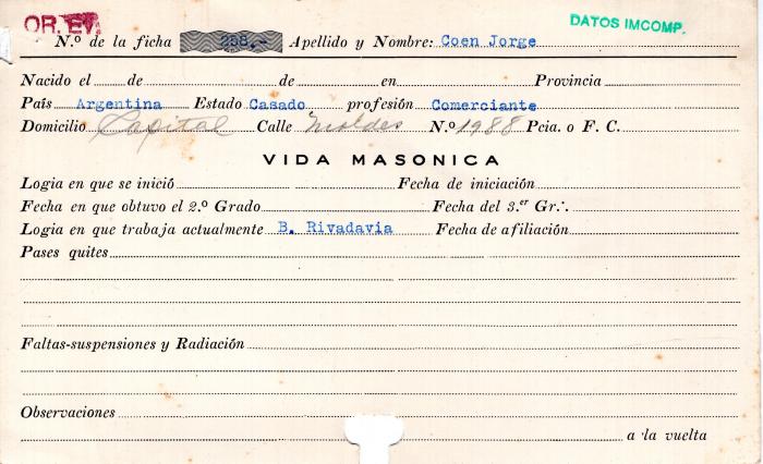 Ficha de miembro de Jorge Coen.
