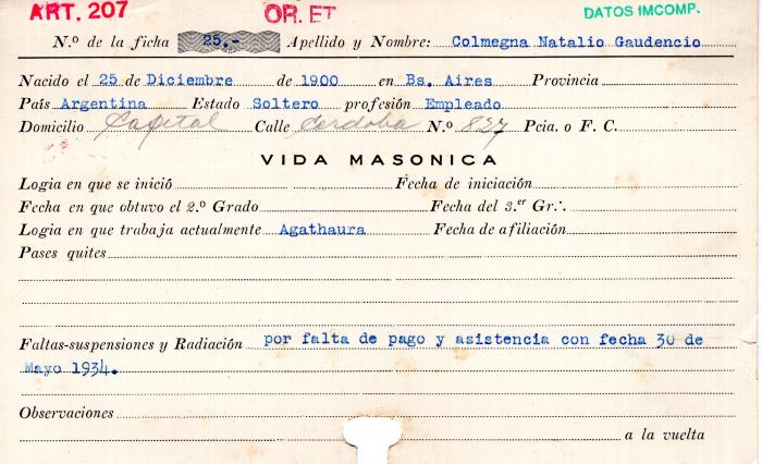 Ficha de miembro de Natalio Gaudencio Colmegna.
