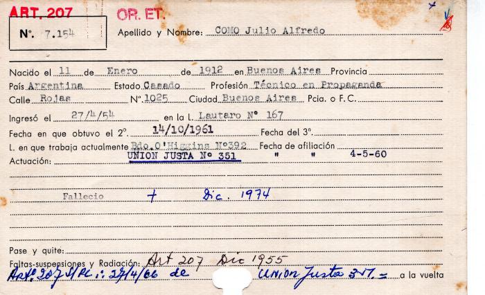 Ficha de miembro de Julio Alfredo Como.