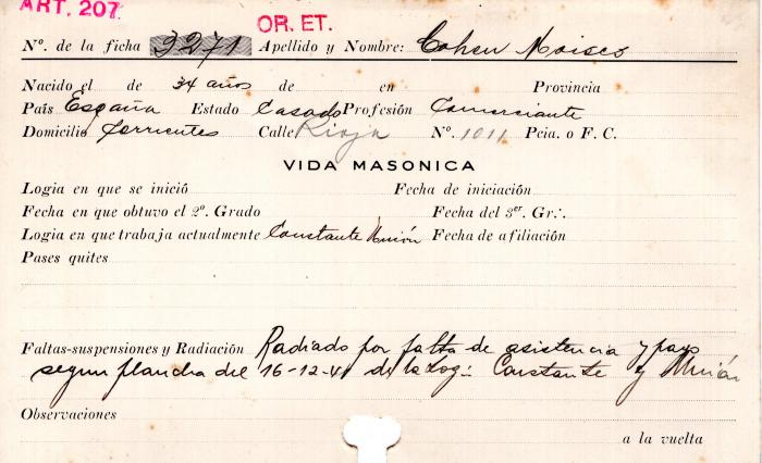 Ficha de miembro de Moisés Cohen.