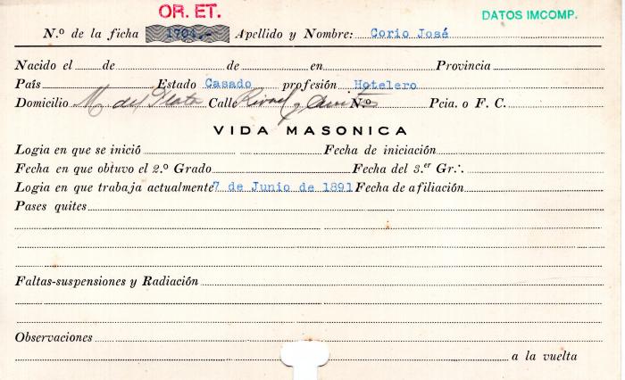 Ficha de miembro de José Corio.