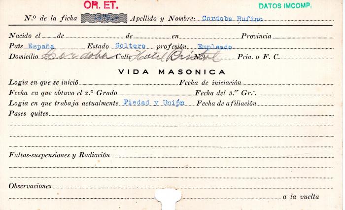 Ficha de miembro de Rufino Córdoba.