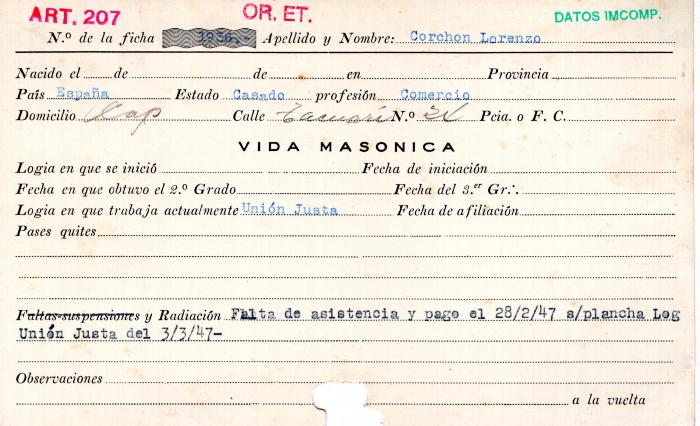Ficha de miembro de Lorenzo Corchon.