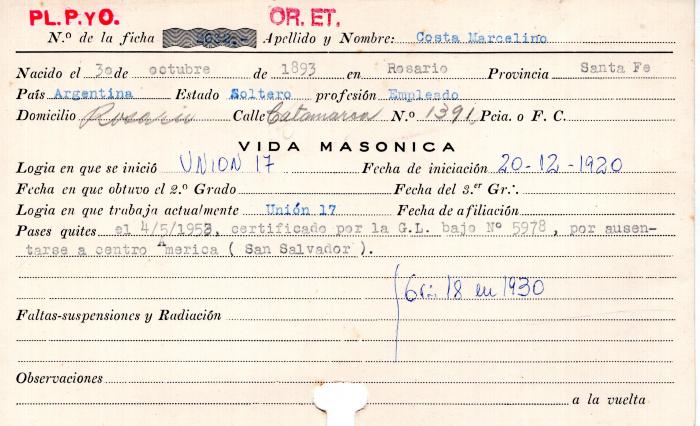 Ficha de miembro de Marcelino Costa.