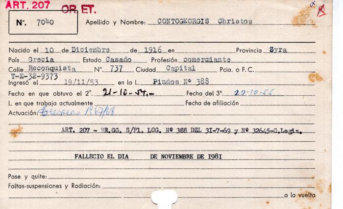 Ficha de miembro de Christos Contogeorgis.