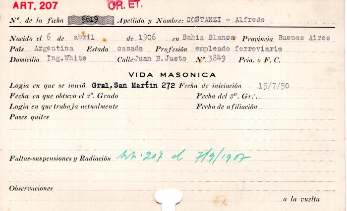 Ficha de miembro de Alfredo Costanzi.