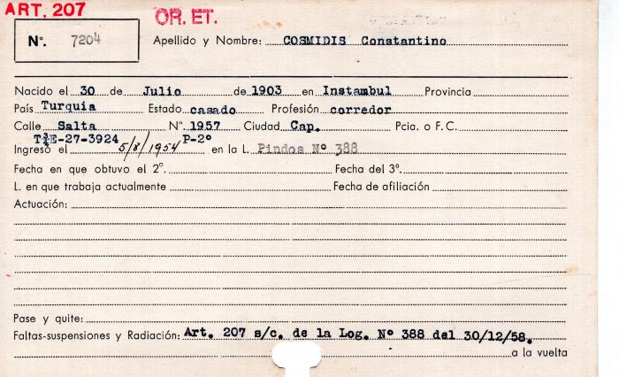 Ficha de miembro de Constantino Cosmidis.