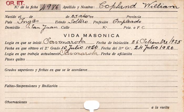 Ficha de miembro de William Copland.