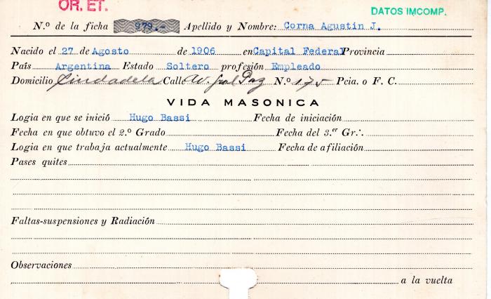 Ficha de miembro de Agustín J. Corna.