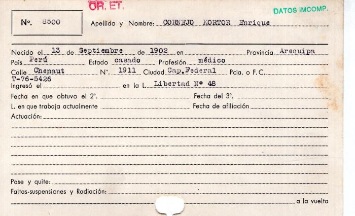 Ficha de miembro de Enrique Cornejo Kortor.