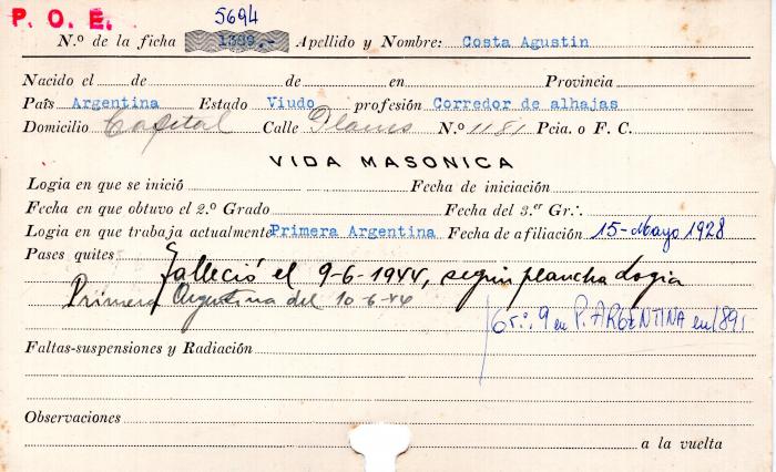 Ficha de miembro de Agustín Costa.