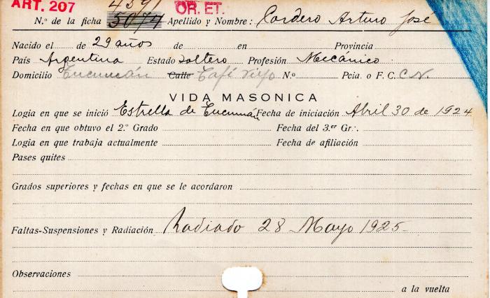 Ficha de miembro de Arturo José Cordero.