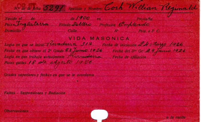 Ficha de miembro de William Reginald Cosh.