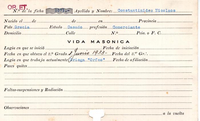 Ficha de miembro de Nicolaos Constantinides.