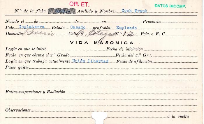 Ficha de miembro de Frank Cook.
