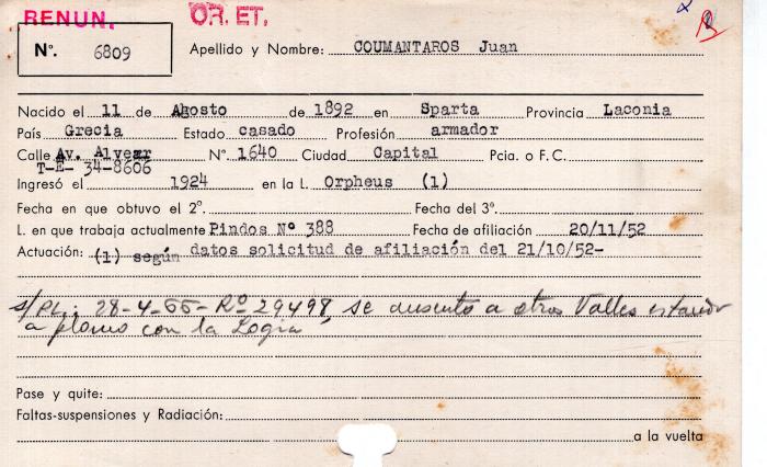 Ficha de miembro de Juan Coumantaros.
