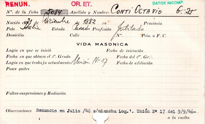 Ficha de miembro de Octavio Conti.