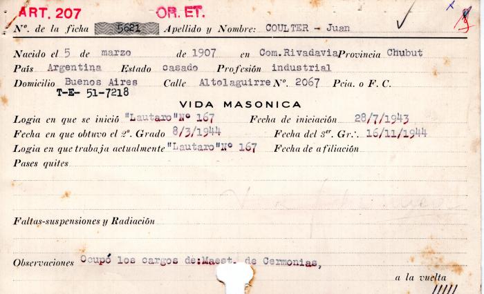 Ficha de miembro de Juan Coulter.