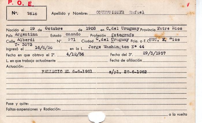 Ficha de miembro de Rafael Courvoisier.