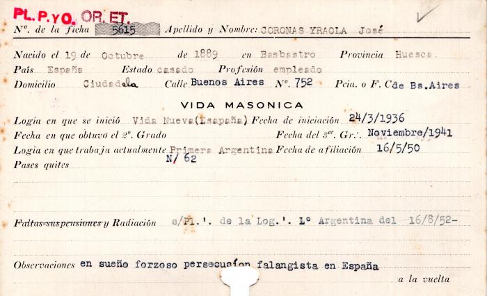 Ficha de miembro de José Coronas Yraola.