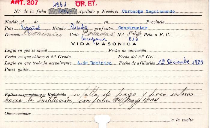 Ficha de miembro de Seguismundo Corbacho.