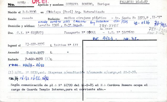 Ficha de miembro de Enrique Cordova Romero.