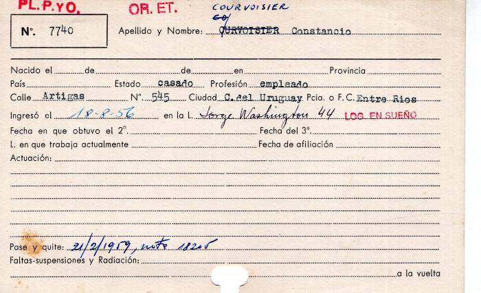 Ficha de miembro de Constancio Courvoisier.