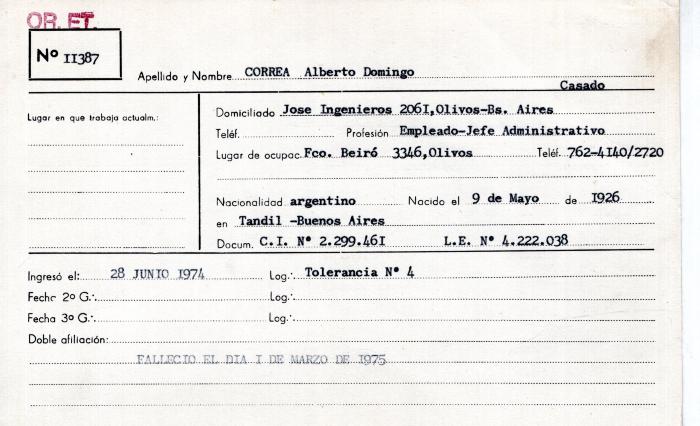 Ficha de miembro de Alberto Domingo Correa.
