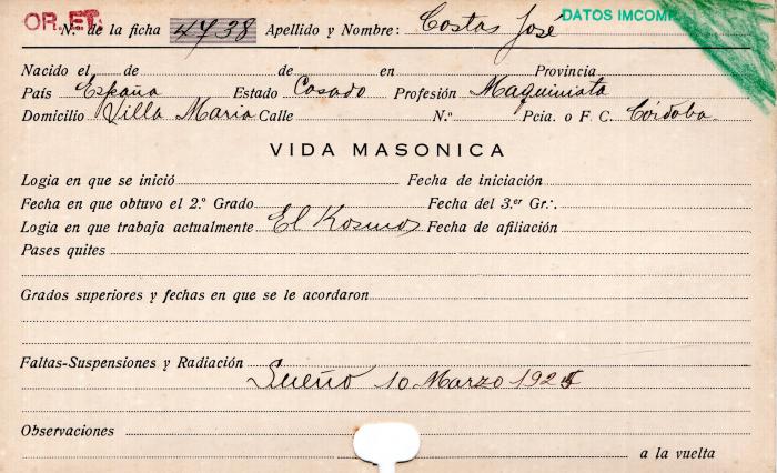 Ficha de miembro de José Costas.